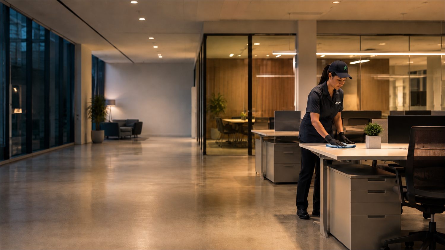 Limpio crew member in uniform wiping down desks in a Minneapolis office after hours